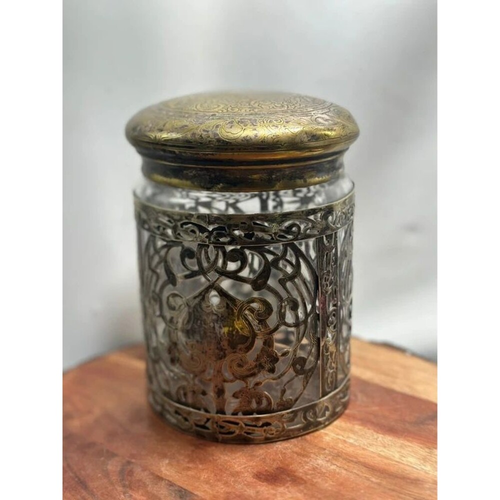 Vintage Humidor Glass Jar Encased Metal